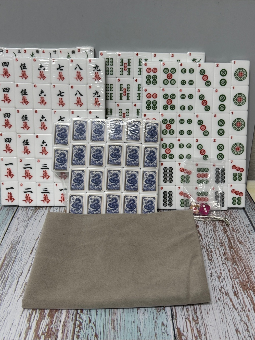 Classic Dragon Mahjong Tile Set with Gray Suede Storage Pouch - Classic Game Set